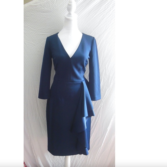 NEW ELIZA J Navy V-NECK Ruffle Side SCUBA Crepe COCKTAIL Sheath DRESS 8 - Picture 4 of 10